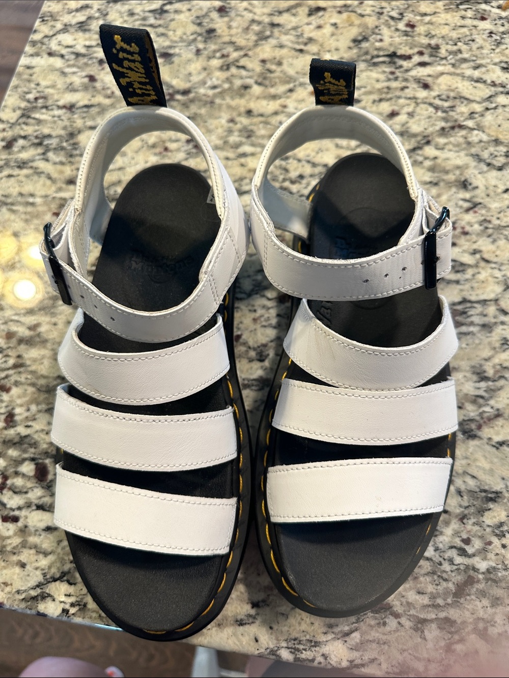 Dr. Martens White Triple-Strap Sandals with Yellow Welt Stitching